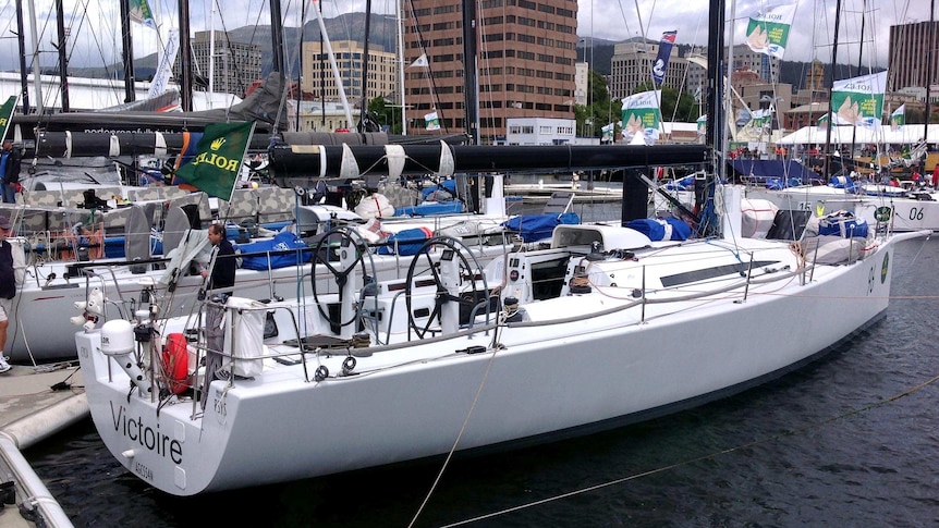 Sydney to Hobart overall winner, Victoire, sits in Constitution Dock.