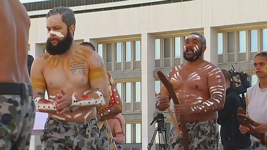 Indigenous performance as part of a Defence handover ceremony in Canberra.