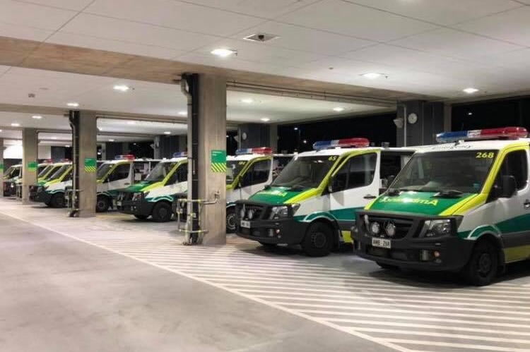 Ambulances parked outside the Royal Adelaide Hospital waiting to drop off patients.