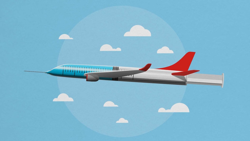 You view a cartoon image of a syringe in the shape of a plane flying against a blue sky with clouds.