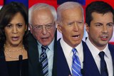 Democrat candidates Kamala Harris, Bernie Sanders, Joe Biden, and Pete Buttigieg