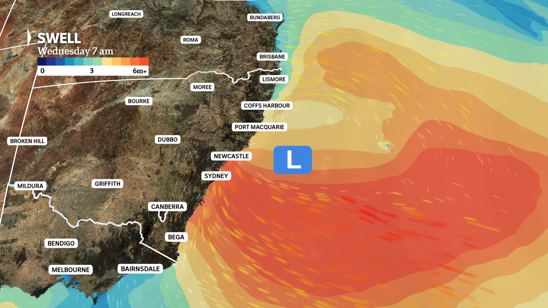 a weather map shows total wave heights of around 5 to 6 metres are likely late Tuesday and Wednesday