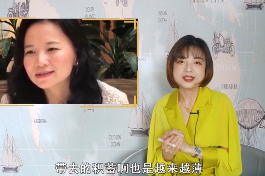 A screenshot from a video of a Chinese woman in a yellow top talking