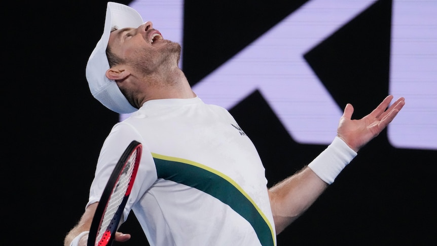 Andy Murray raises his hands and racquet in bemusement during a point at the Australian Open
