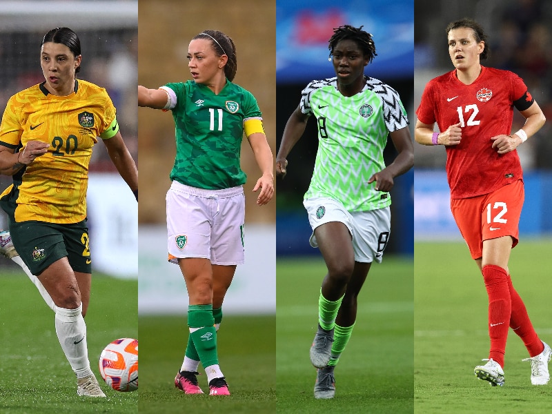 Four women soccer players wearing their national team jerseys during games spliced into one image