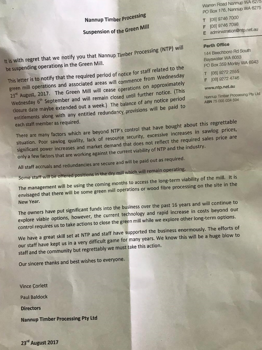 The letter to Nannup Timber Processing employees telling them they would no longer have a job.