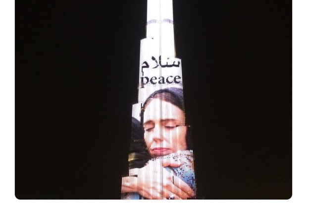 A tweet from the UAE's Sheikh Mohammed bin Rashid Al Maktoum showing the projection of Jacinda Ardern on  Burj Khalifa building.