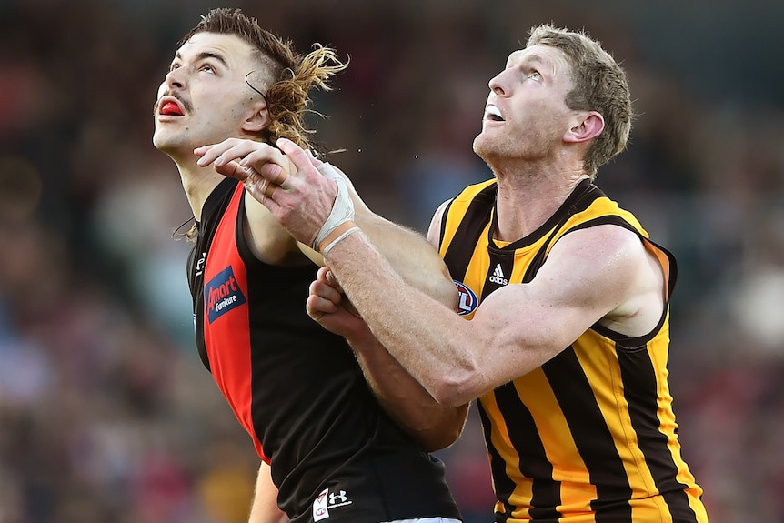 An Essendon AFL players pushes against a Hawthorn player as they up to the ball in the air.