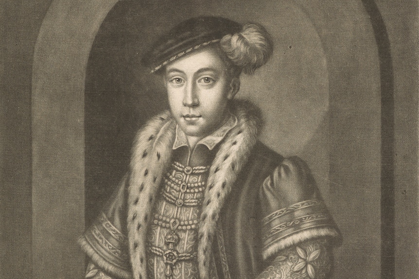 A portrait of King Edward VI wearinga cap and fur trimmed coat.