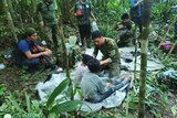 Soldiers in uniform attend to children in a jungle in Colombia