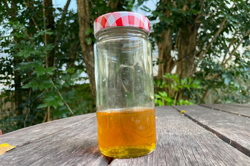 A jar of honey sitting on a wooden outdoor table.