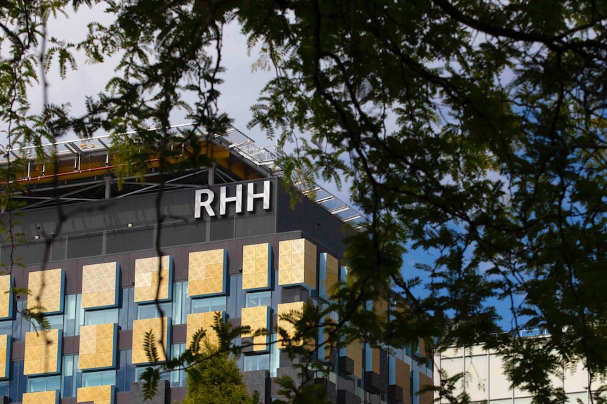 The top of a Royal Hobart Hospital building with out of focus tree foliage in the foreground