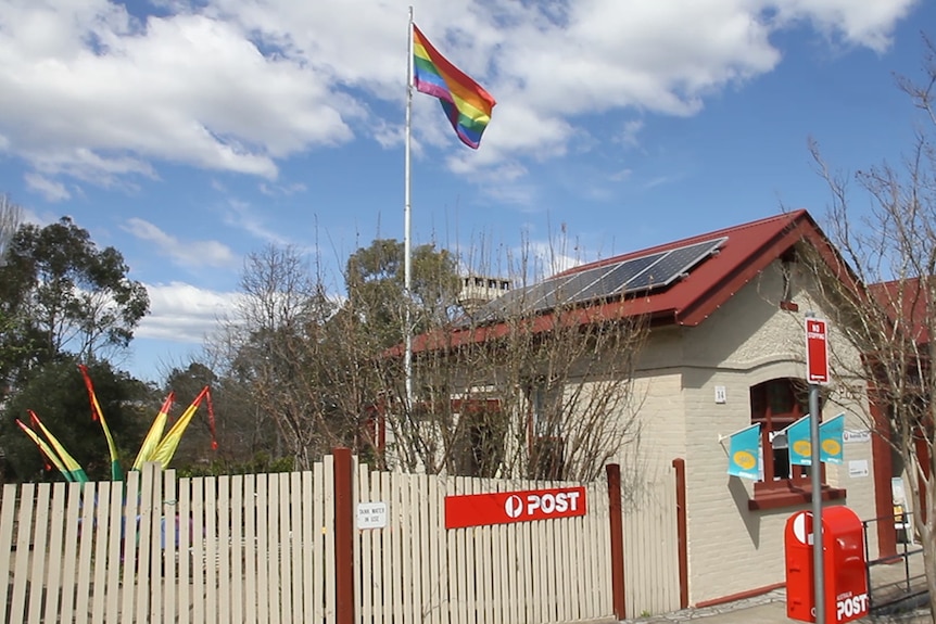 Rainbow flag at Cobargo Post Office
