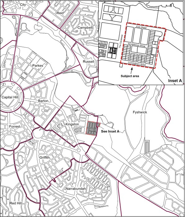 A map showing Canberra's inner south, with a block of land highlighted