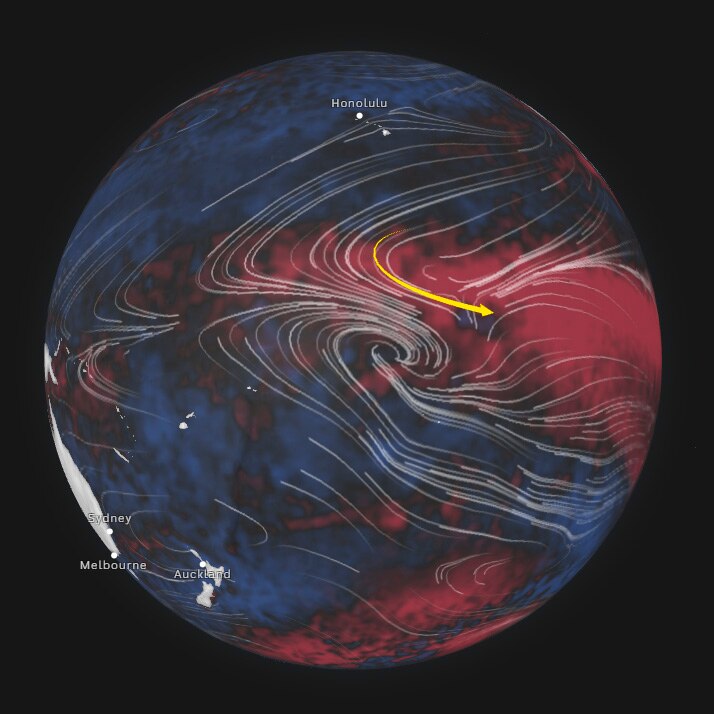 A globe showing wind lines and sea surface temperature patterns with a curved arrow indicating the winds reversing