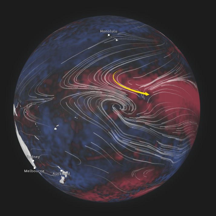 A globe showing wind lines and sea surface temperature patterns with a curved arrow indicating the winds reversing