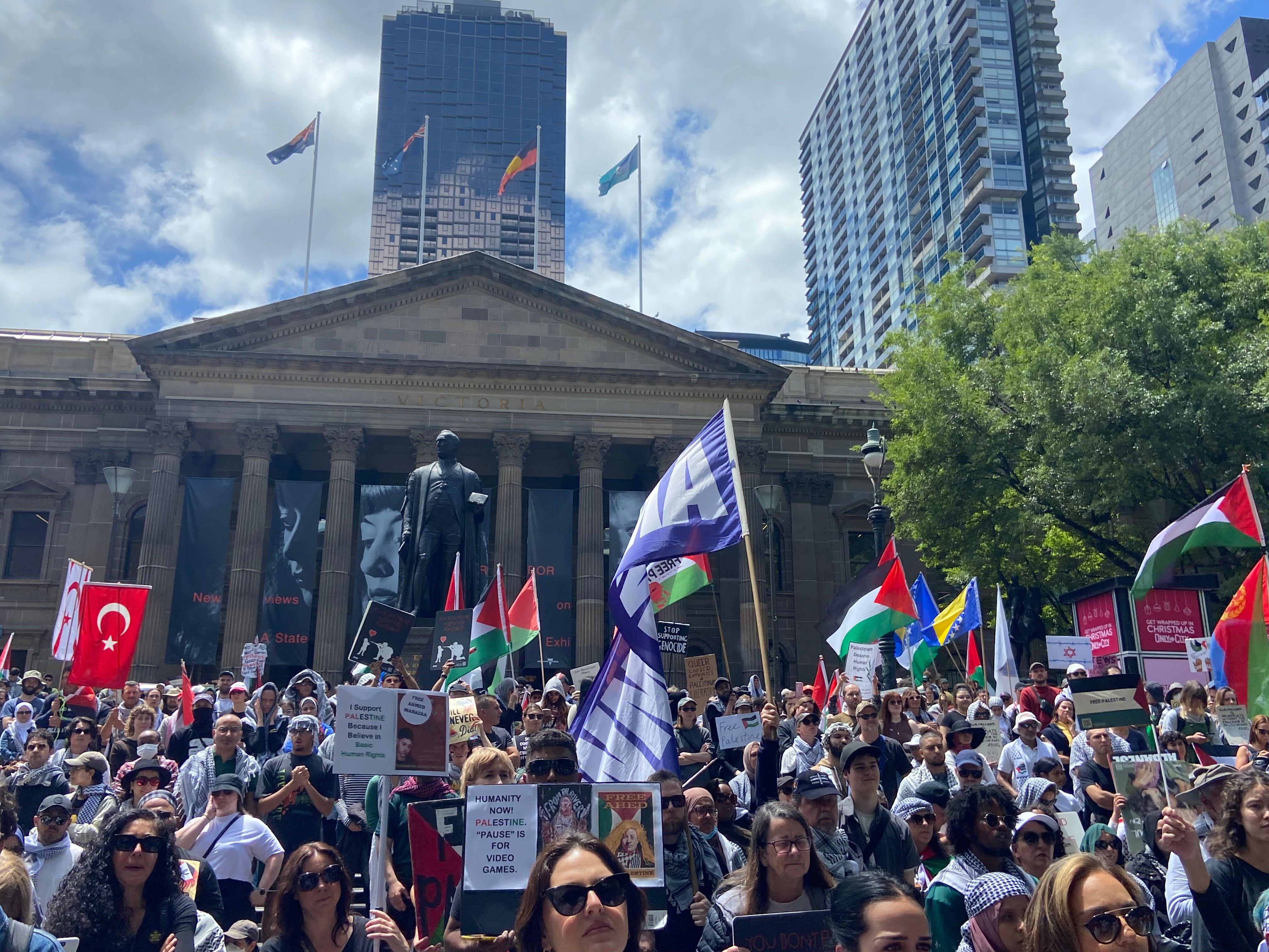 Crowd of people holding signs and flags at the State Library.