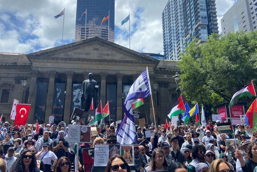 Crowd of people holding signs and flags at the State Library.