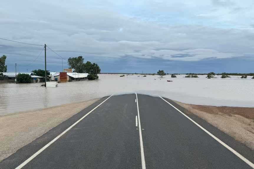 Flooding at the end of an outback road.