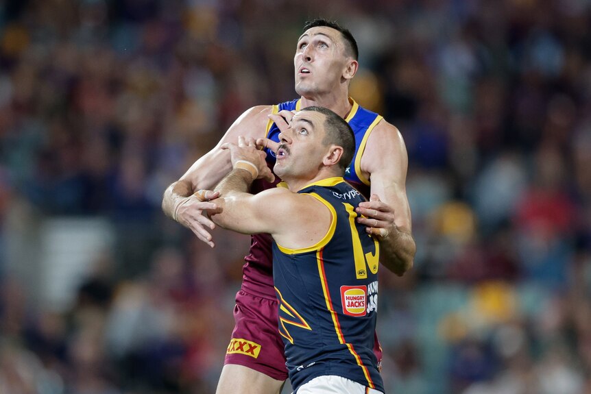 A Brisbane Lions ruckman stands next to an Adelaide Crows player as both watch the ball come in (out of shot).