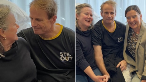 Two images side by side showing two woman sitting with a man who looks ill while seated