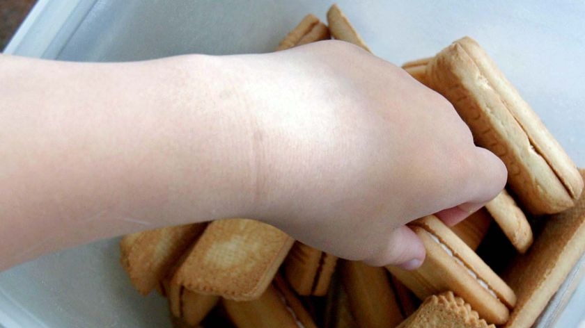 A child's hand reaches into a biscuit container