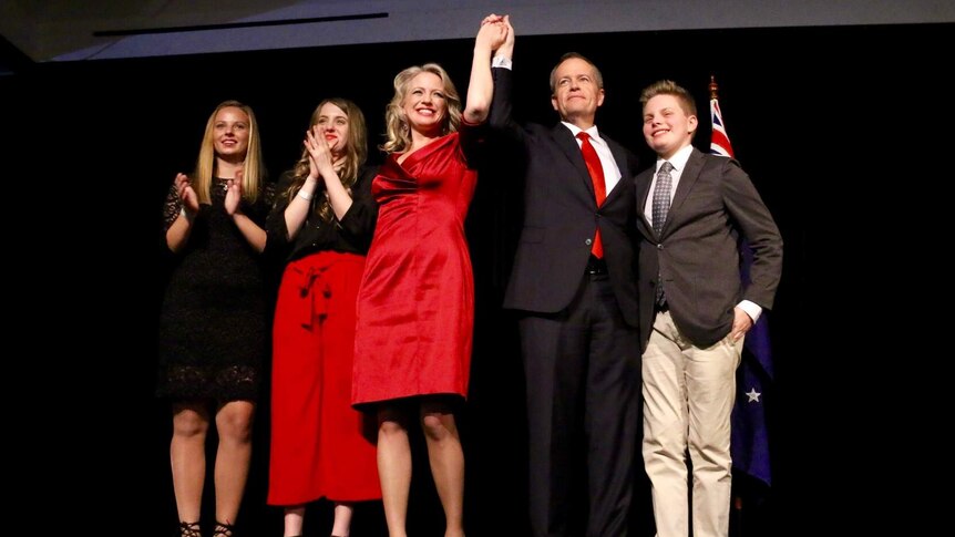 Bill Shorten with his wife and family at an election night event.