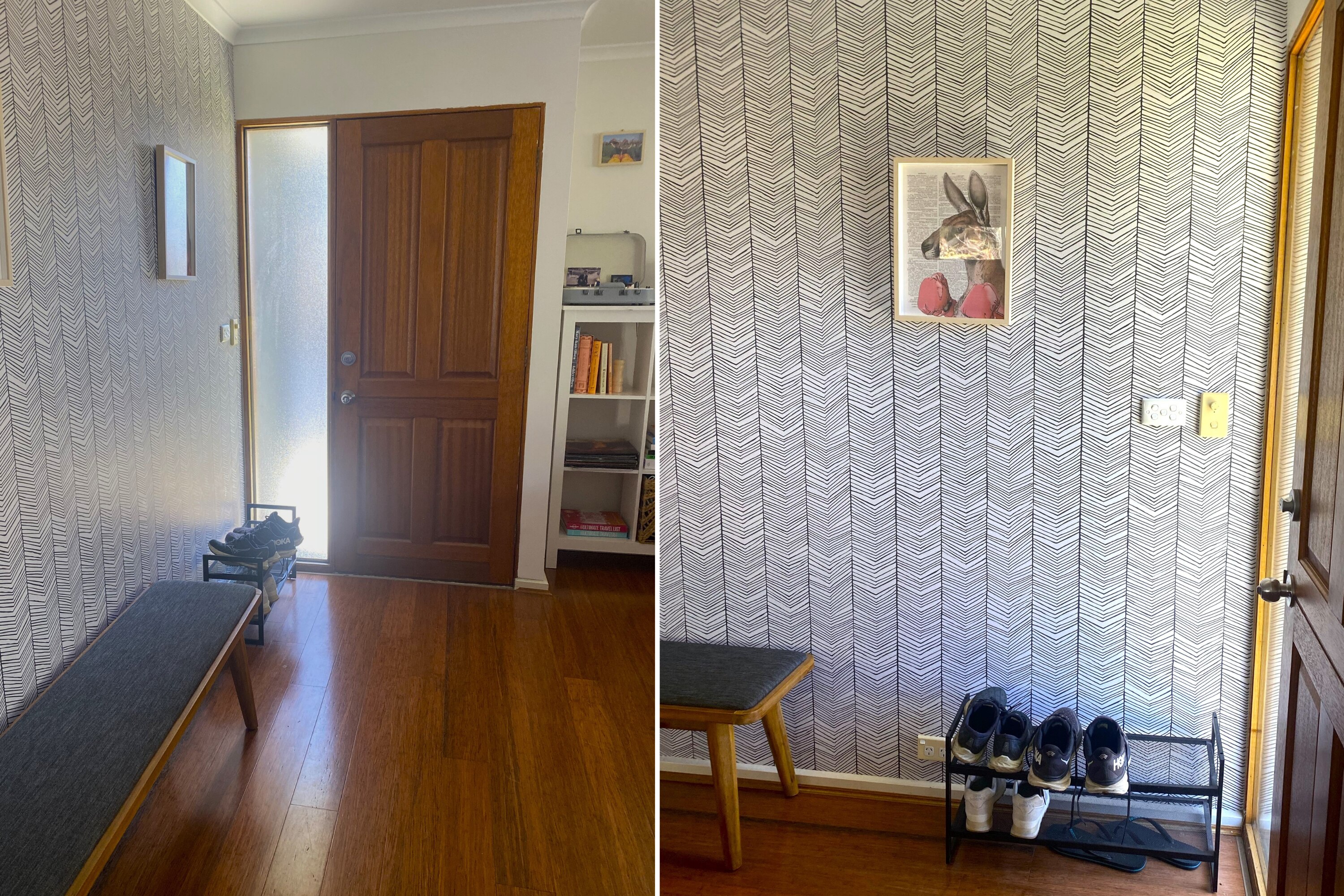 Композиция из двух фотографий входа в дом. В большом пространстве есть скамейка у левой стены и полка для обуви.