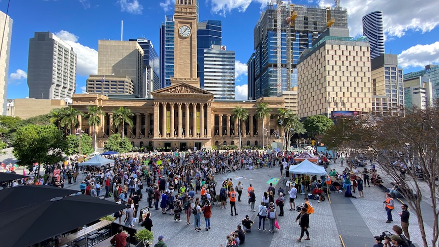 Hundreds of protesters gather in Brisbane's King George Square on a sunny afternoon.