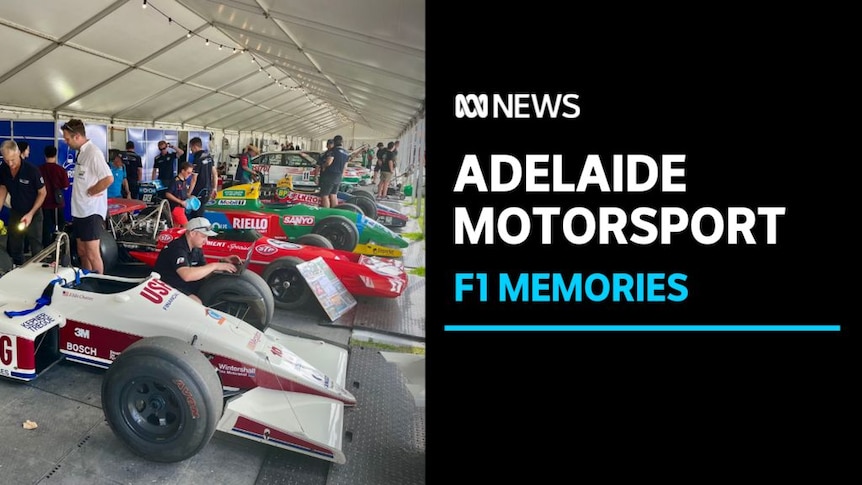 Adelaide Motorsports, F1 Memories: A row of race cars lined up under a shelter. Crews work on the cars.