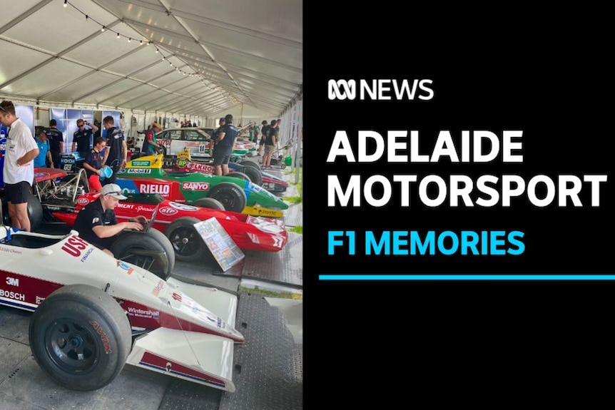 Adelaide Motorsports, F1 Memories: A row of race cars lined up under a shelter. Crews work on the cars.