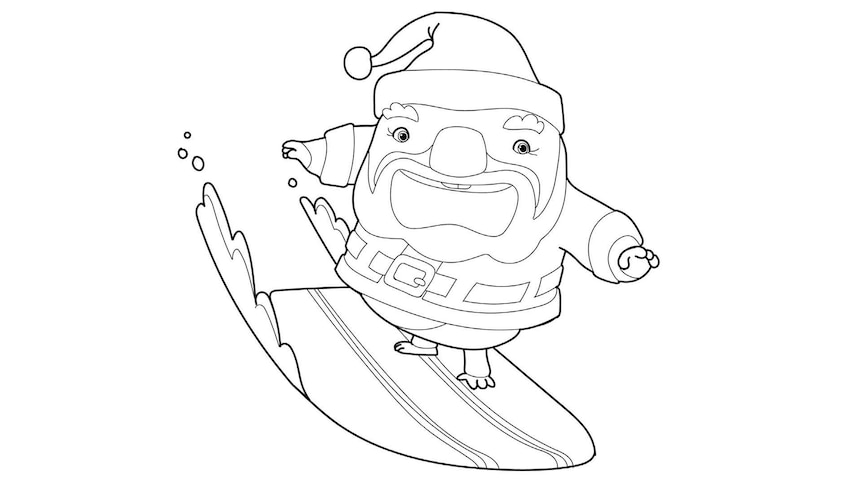 Line drawing of Trev wearing a Santa outfit surfing