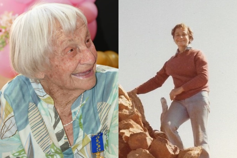 A composite of an elderly woman and a younger woman standing on a rock
