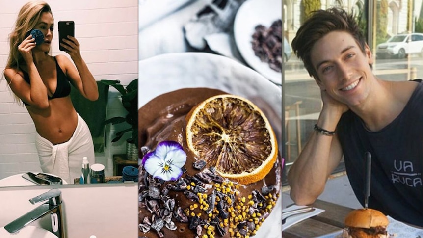 A composite image of Instagram photos shows a woman posing for a selfie, a man at a cafe and a laden breakfast table.