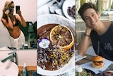 A composite image of Instagram photos shows a woman posing for a selfie, a man at a cafe and a laden breakfast table.