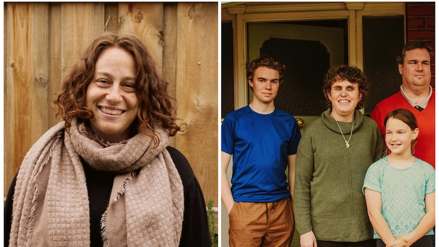 Image: Mother, Jen Blyth and standing in front of a wooden fence. Image: The Bennison family smiling in front of their home.