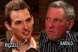 A composite image of Russell and Harold talking across the dinner table.