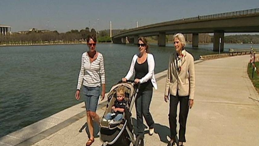 Catriona Henderson (left), Alice Menzies with baby Nic and Heather Henderson (right) on RG Menzies Walk.