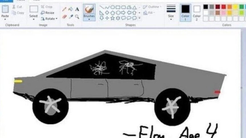 Microsoft Paint image shows a crude illustration of the Cybertruck with text "Elon, age 4".