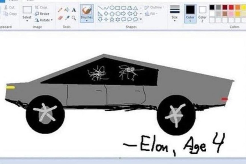 Microsoft Paint image shows a crude illustration of the Cybertruck with text "Elon, age 4".