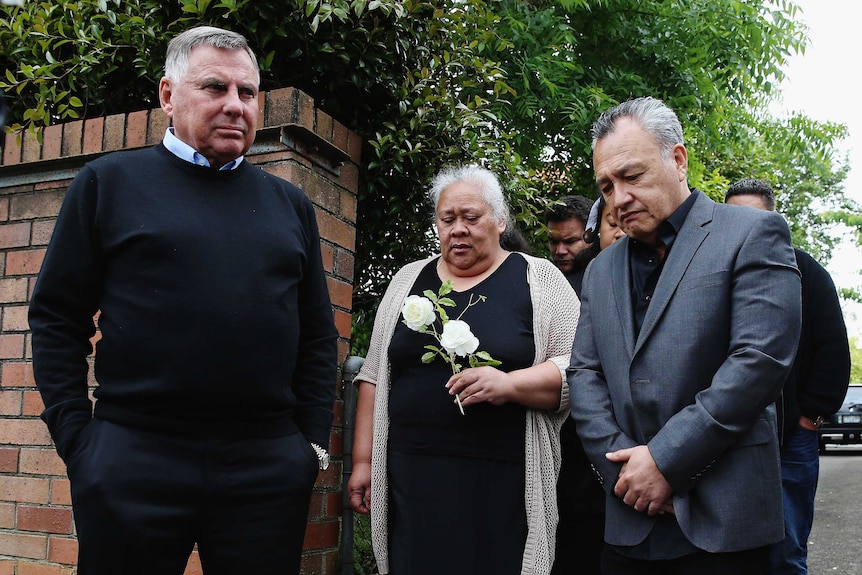 John Hart and Jonah Lomu's family members at a press conference