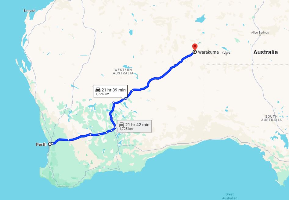 A map showing the route from Perth to Warakurna