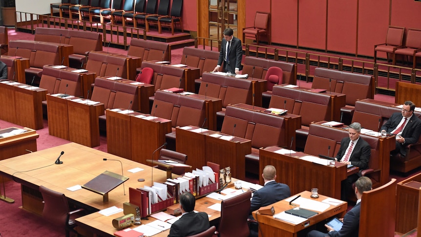 The Senate chamber looks bare during parliamentary business at Parliament House in Canberra, Monday, Sept. 12, 2016.