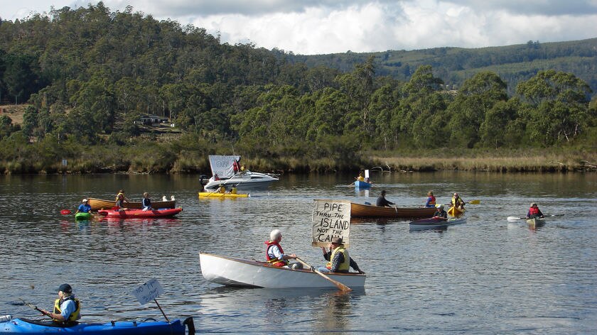 Protesters on the water at the Egg Island canal pipeline rally.