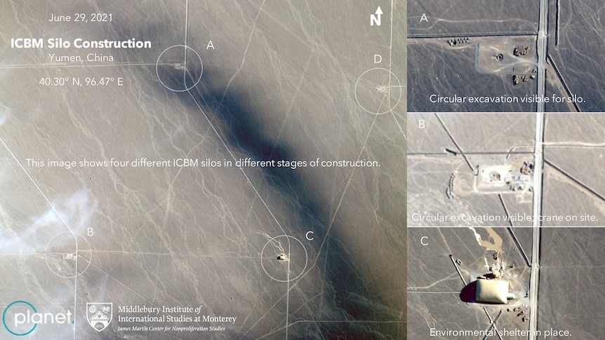A composite of satellite imagery showing silos being built in the desert