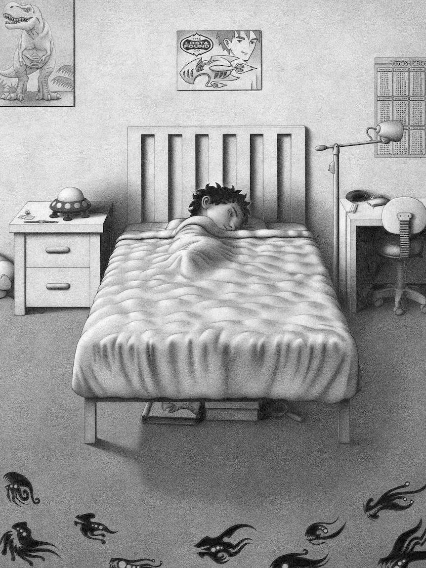 An illustration from Mel Tregonning's book Small Things showing a young boy asleep on a bed, surrounded by dark monsters.
