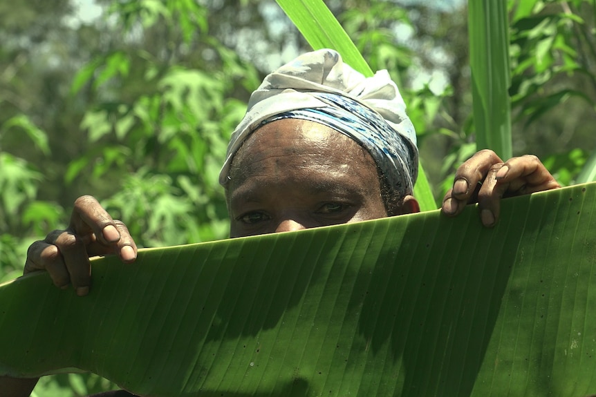 Close up view of a the top half of a woman's face, hidden behind a banana leaf she holds in front of her face