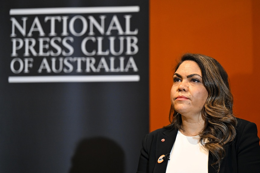 Jacinta Nampijinpa Price speaks at a podium at the National Press Club