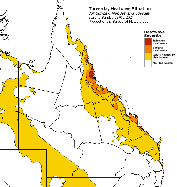 BOM map showing heat wave warnings in Queensland