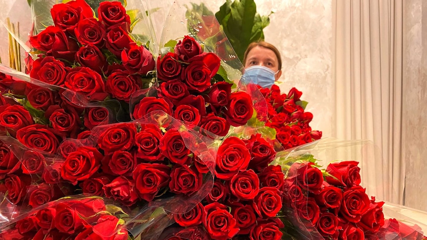 A woman is standing behind hundreds of red roses